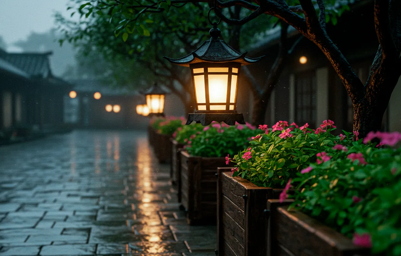 Фото обои цветы, дождь, обои, улица, вечер, арт, фонари, wallpaper