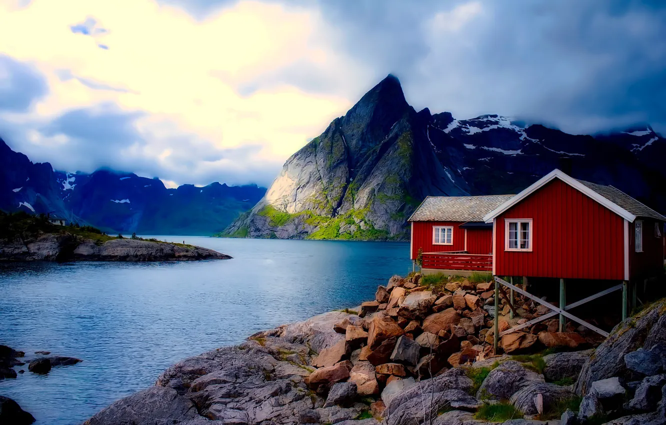 Фото обои небо, облака, горы, Норвегия, домики