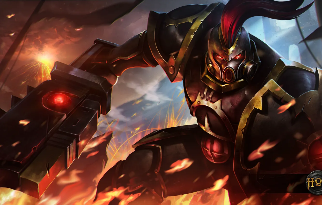 Фото обои огонь, меч, броня, щит, Kane, Heroes of Newerth, Septar, Black Legion Kane