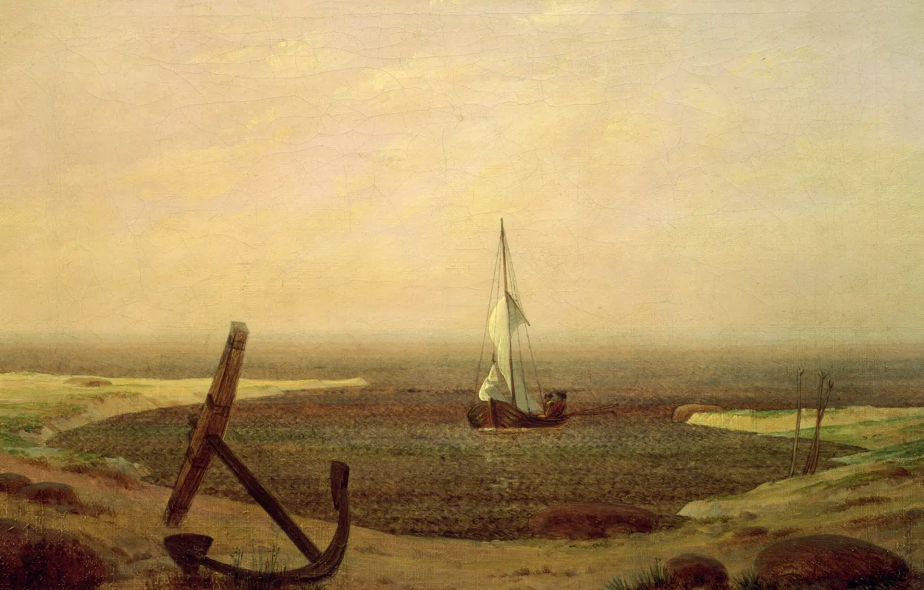 Фото обои лодка, Вечер, картина, парус, якорь, Каспар Давид Фридрих