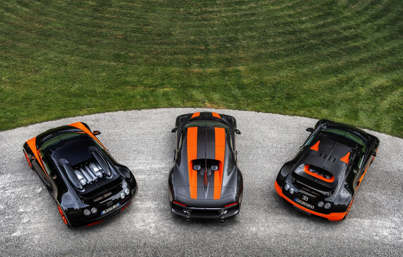 Фото обои Bugatti, Veyron, 2010, вид сверху, 2013, Chiron, 2019, Veyron 16.4 Super Sport World Record Edition