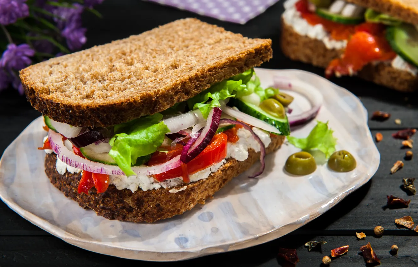 Фото обои бутерброд, овощи, оливки