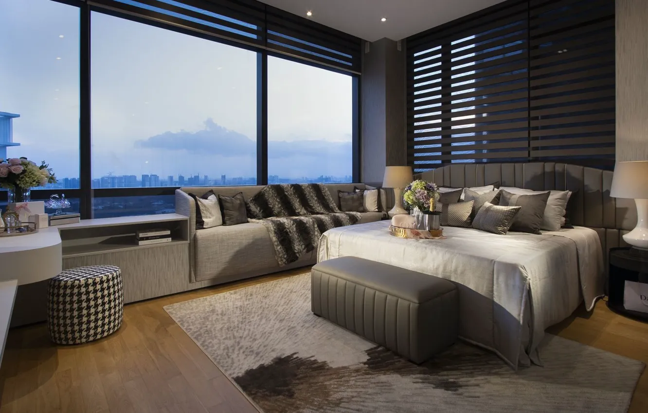 Фото обои комната, интерьер, мегаполис, спальня, duplex penthouse Generous Master with a vista cove, двухуровневый пентхаус с …