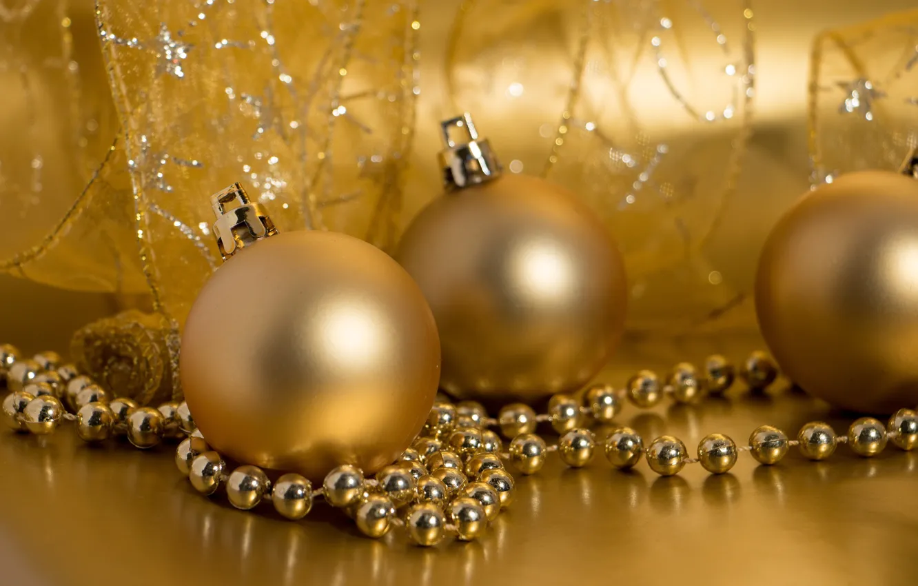Фото обои шарики, украшения, золото, праздник, Новый год, golden, декор, ribbon