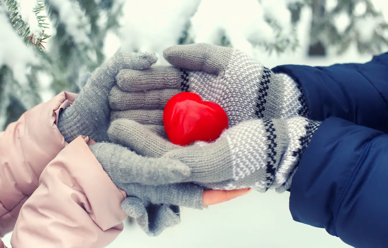 Фото обои зима, снег, любовь, сердце, love, heart, winter, варежки
