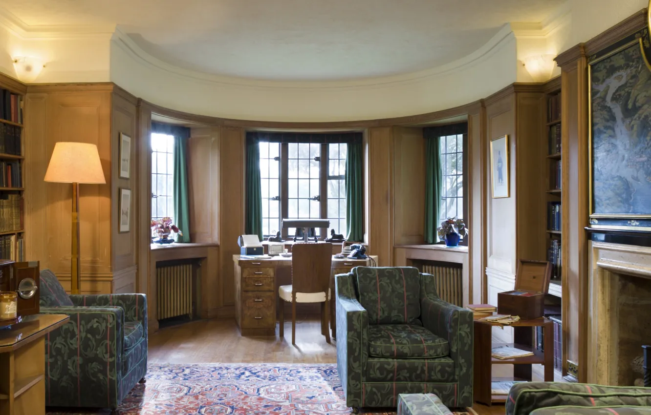 Фото обои дизайн, стиль, Англия, интерьер, картина, офис, камин, библиотека