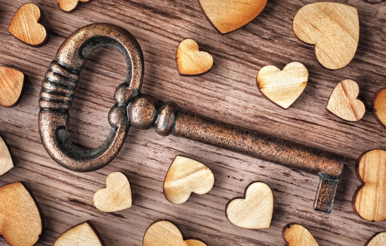 Фото обои love, heart, wood, key, romantic