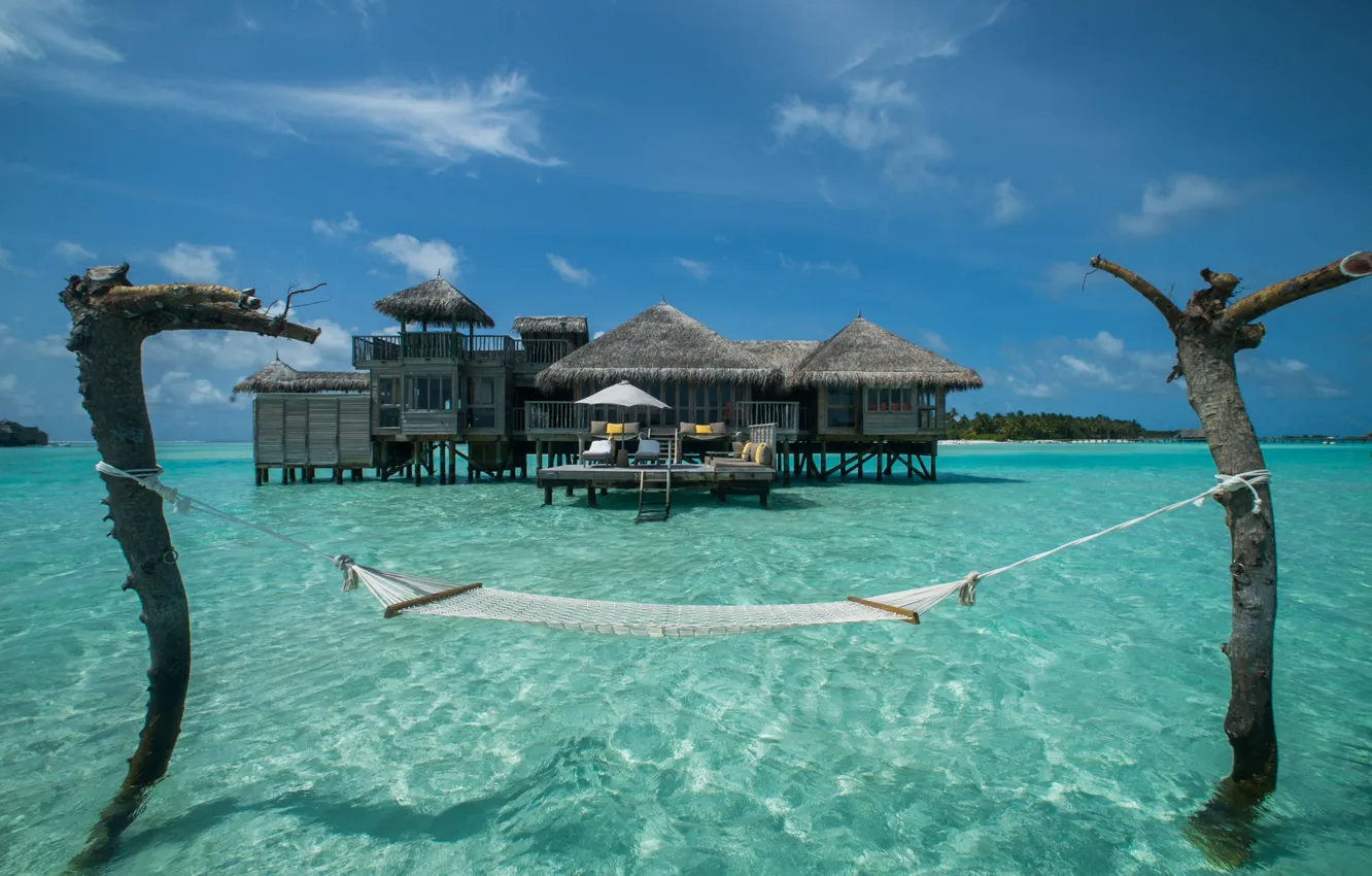 Фото обои океан, вилла, гамак, Мальдивы, курорт, Water villas, Crusoe Residence