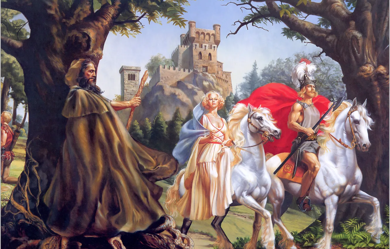 Фото обои Замок, маг, волшебник, белые кони, Rowena Morrill, The Crimson Chalice