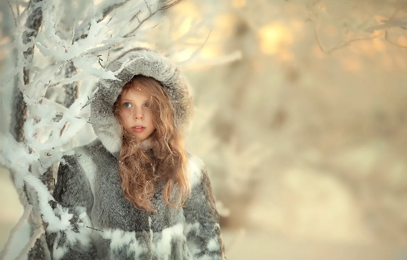 Фото обои зима, снег, капюшон, девочка, шуба, мех, локоны