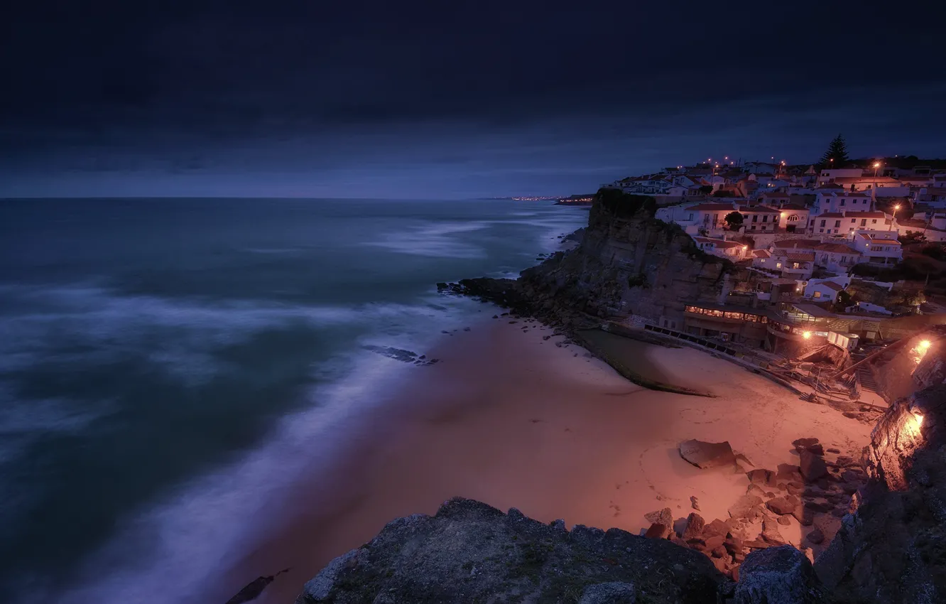 Фото обои море, ночь, город, берег
