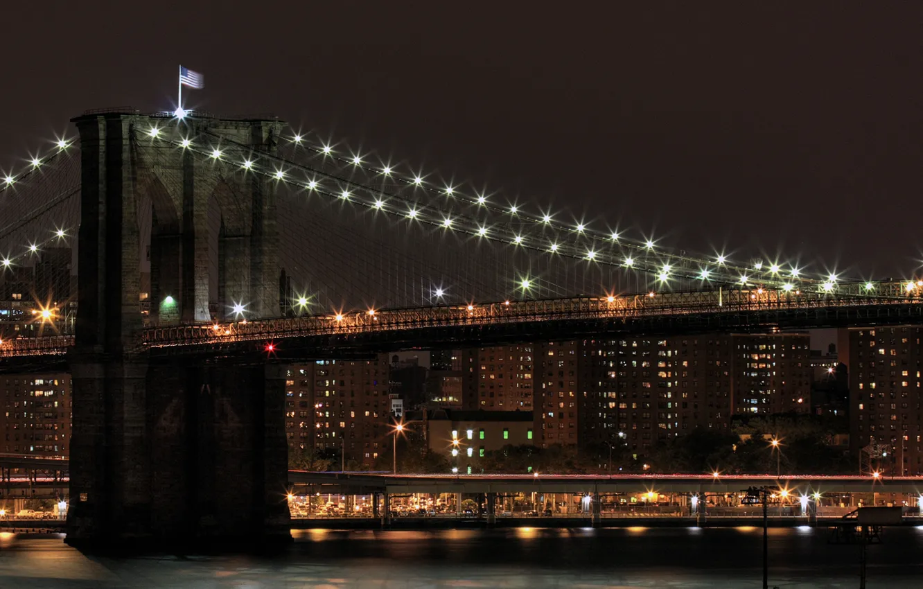 Фото обои ночь, мост, фонари