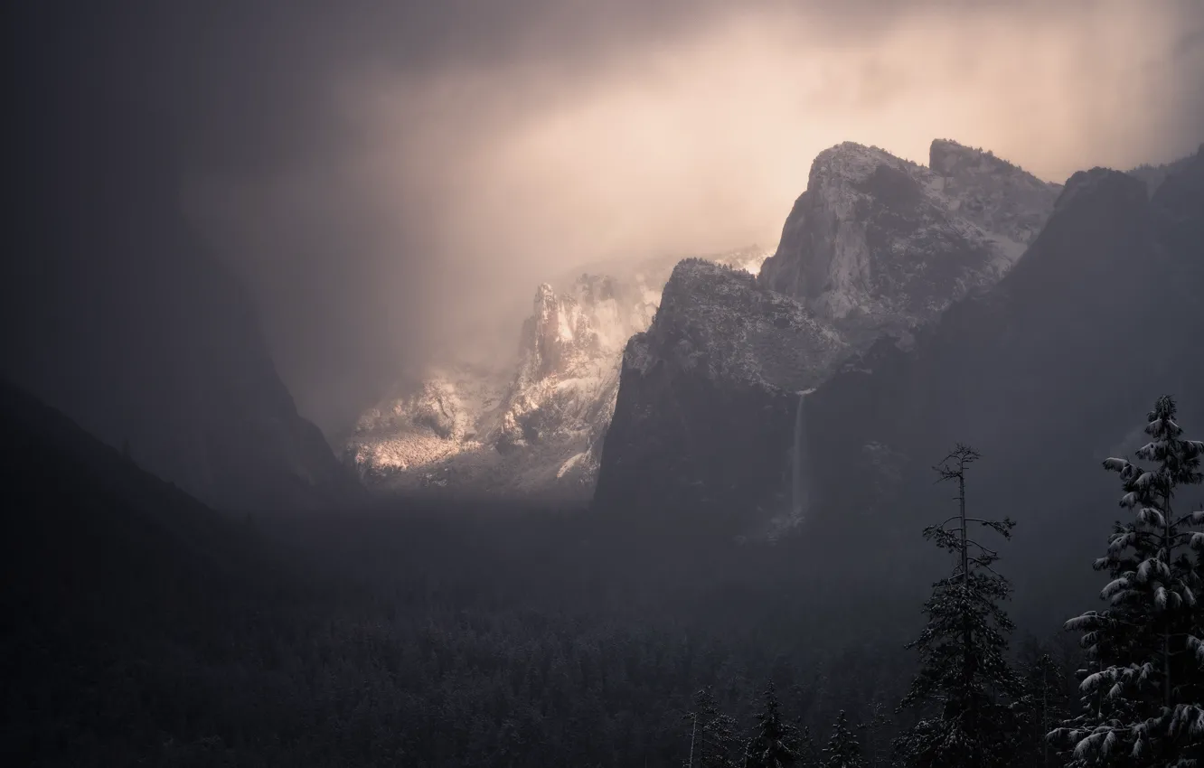 Фото обои небо, снег, деревья, горы, тучи, природа, скалы, USA