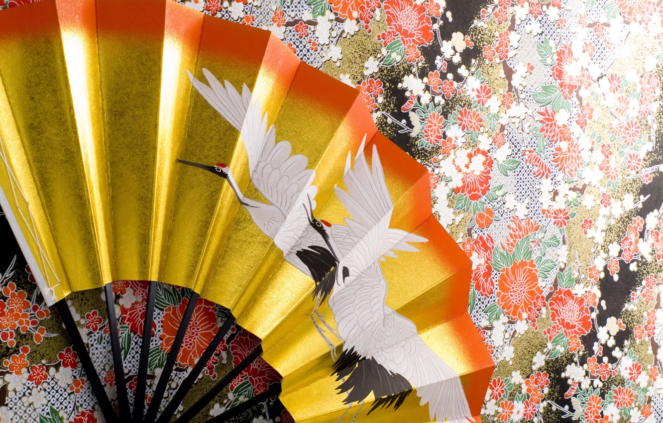 Фото обои поверхность, стена, узор, текстура, веер, кимоно, орнамент, журавль