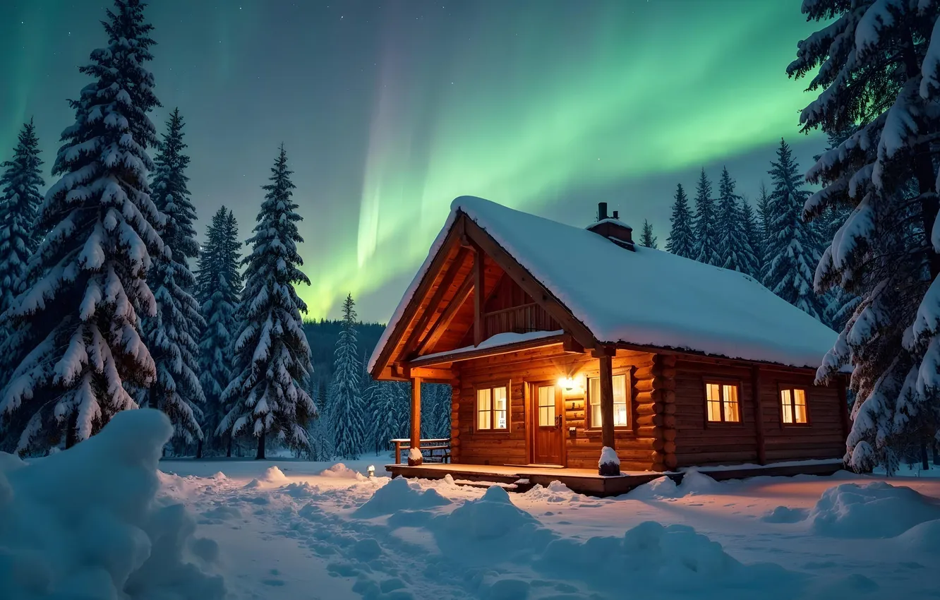Фото обои зима, лес, снег, горы, елки, северное сияние, домик, house