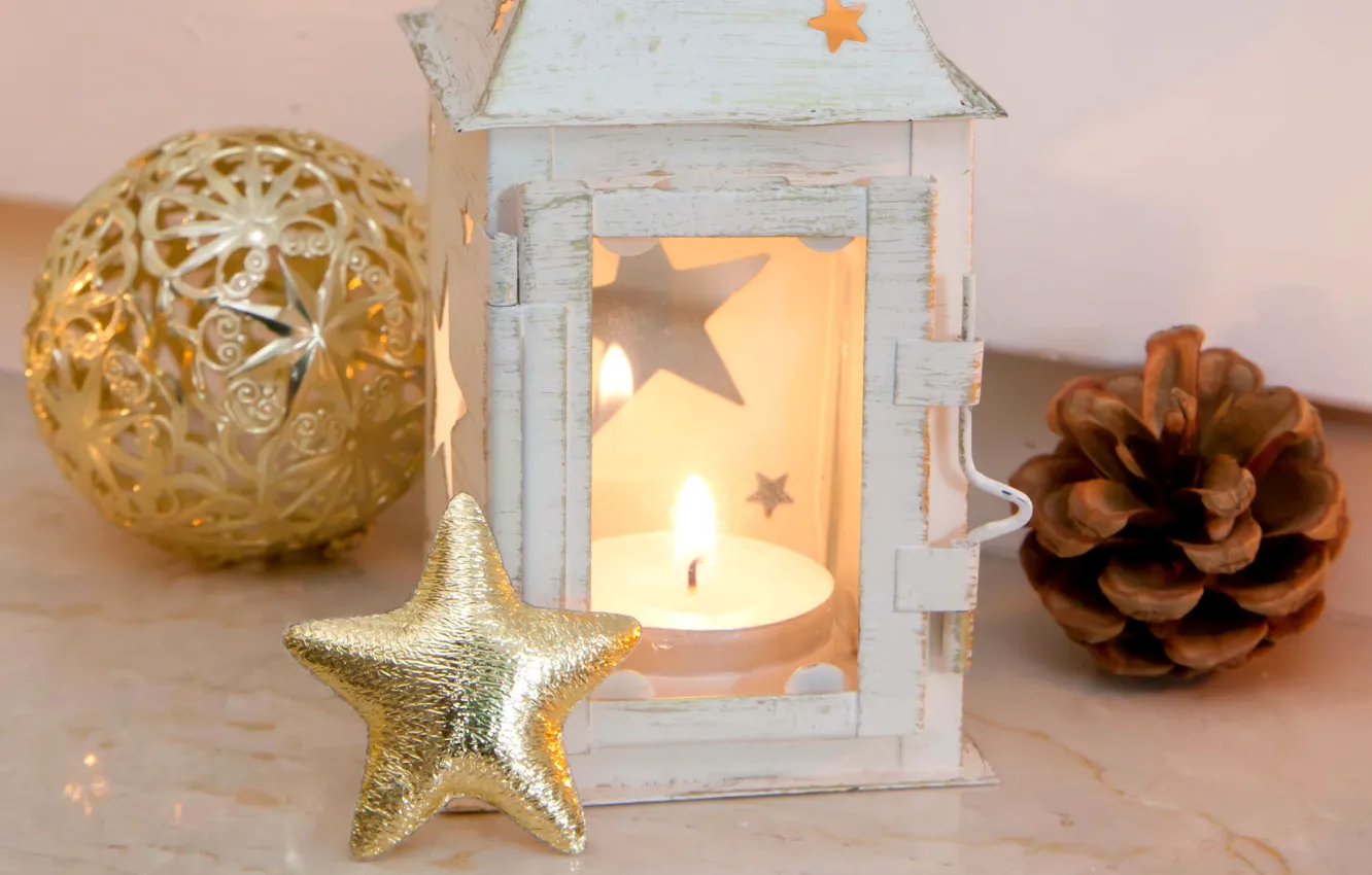 Фото обои игрушка, звезда, шар, свеча, Новый Год, Рождество, фонарик, золотой