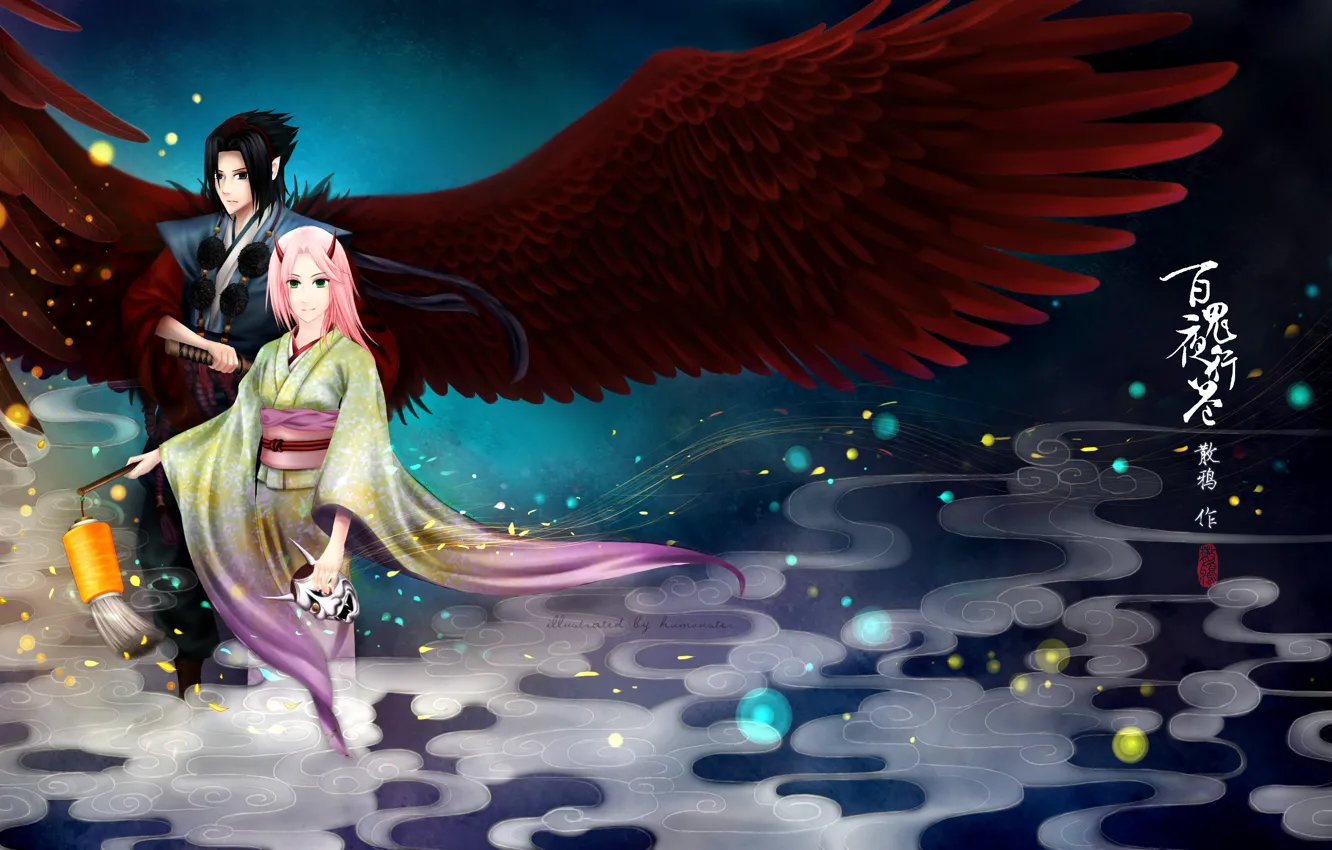Фото обои девушка, крылья, маска, фонарик, иероглифы, рога, парень, кимоно