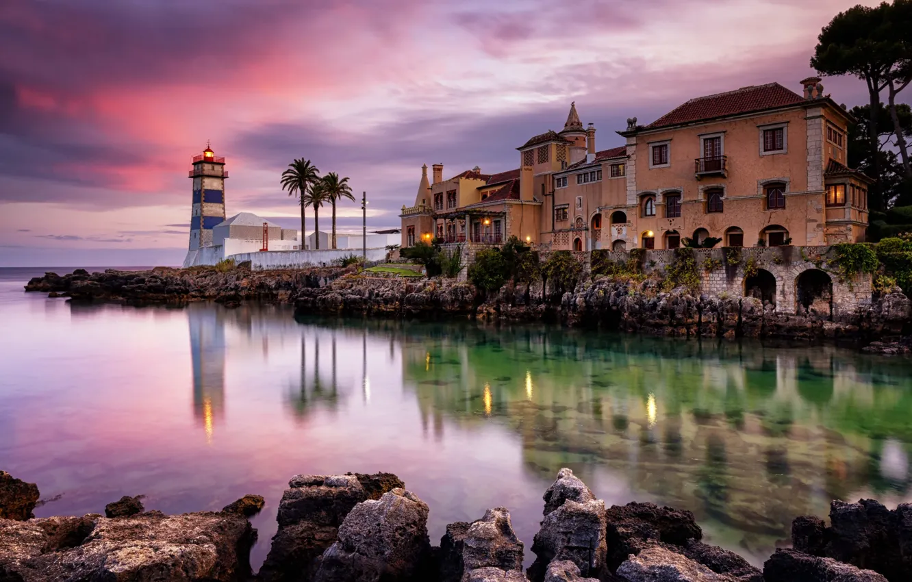 Фото обои пейзаж, закат, природа, камни, океан, здание, маяк, Португалия