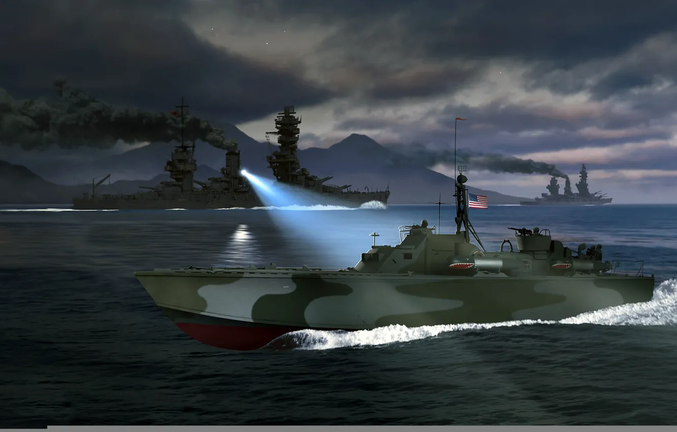 Фото обои ночь, война, арт, США, прожектор, линкоры, линейный корабль, PT boat