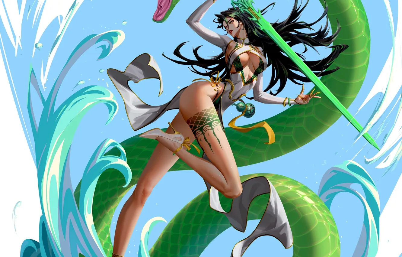Фото обои girl, sword, fantasy, cleavage, snake, legs, tattoo, battle
