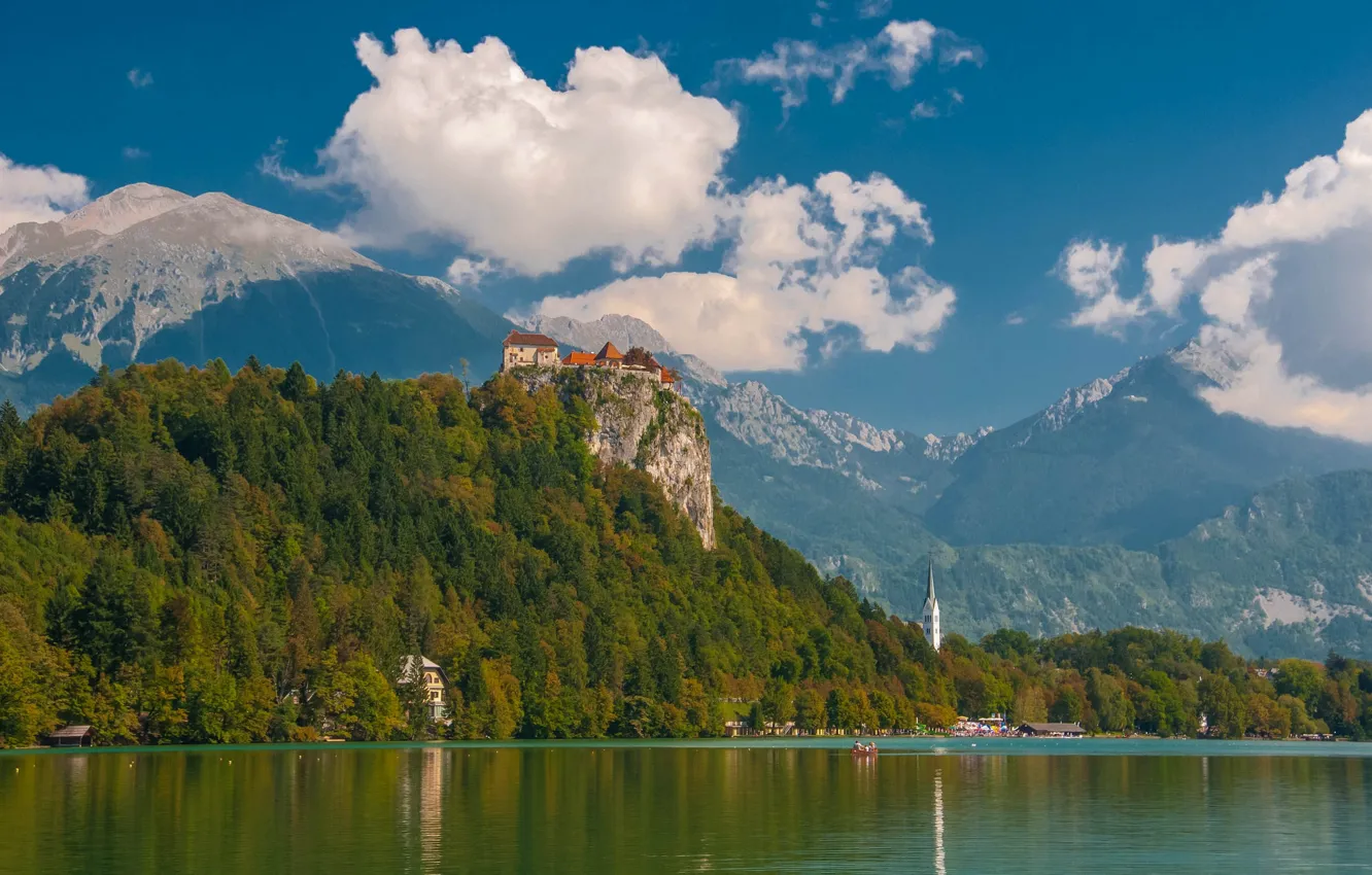 Фото обои горы, скала, озеро, замок, Словения, Slovenia, Radovljica, lake Bled