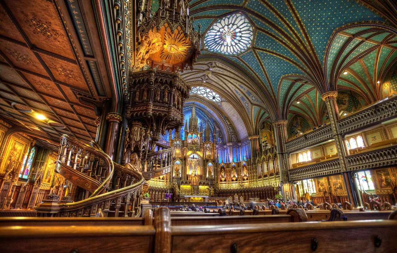 Фото обои Канада, церковь, балкон, религия, колонна, Собор Монреальской Богоматери, Базилика Нотр-Дам де Монреаль, амвон