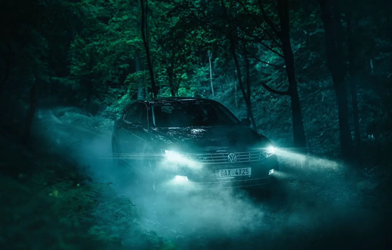 Фото обои Volkswagen, Light, Car, Wood, Night, Sedan, Trees, Passat