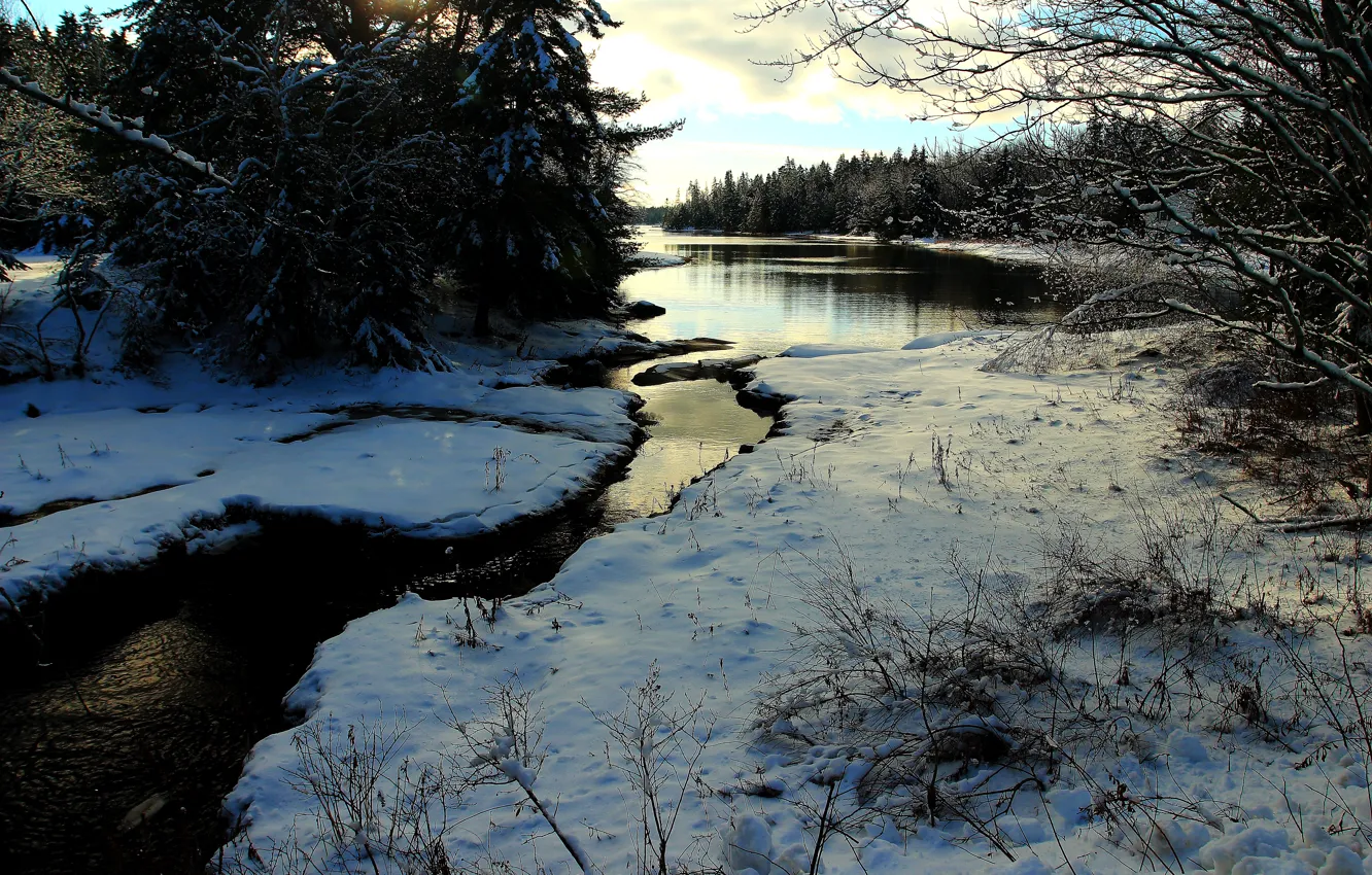 Фото обои Зима, Река, Снег, Winter, Frost, Snow, River