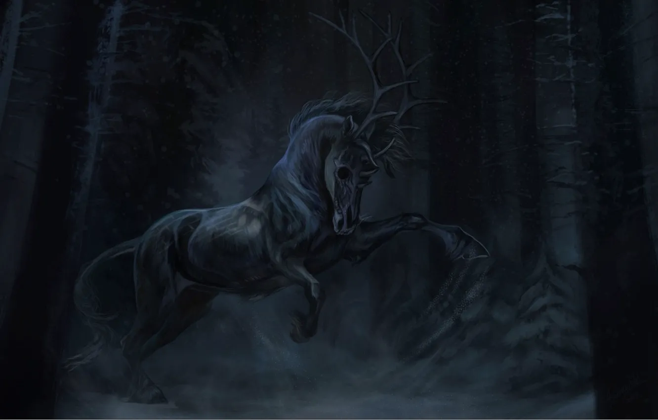 Фото обои тьма, конь, черный, череп, демон, рога, art, aivoree