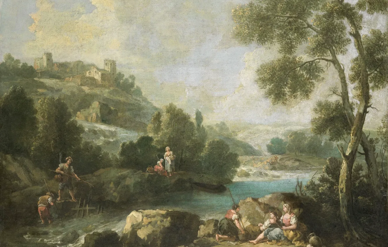 Фото обои масло, картина, холст, 1770, Джузеппе Зейс, Пейзаж с фигурами, Giuseppe Zais