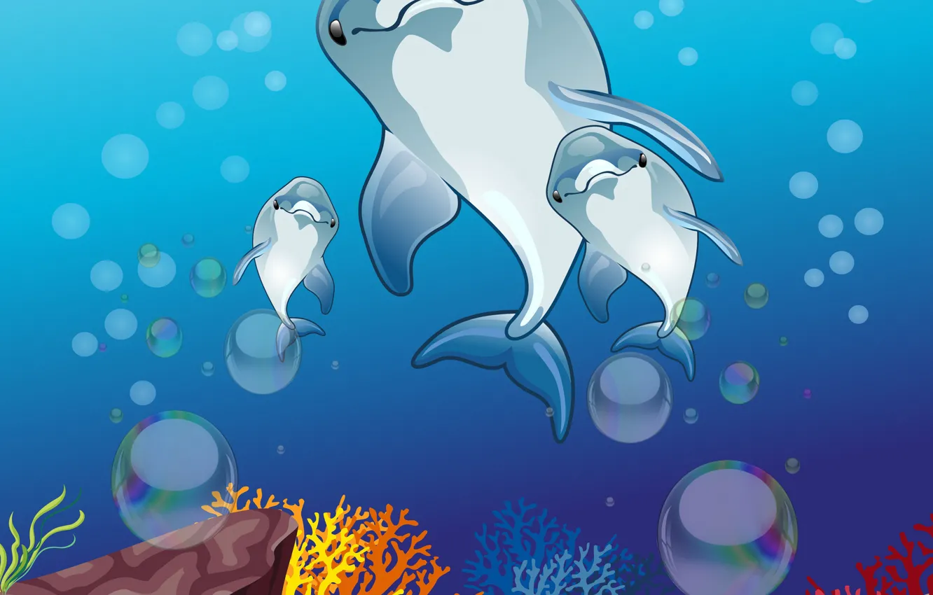 Фото обои дельфины, подводный мир, векторная графика