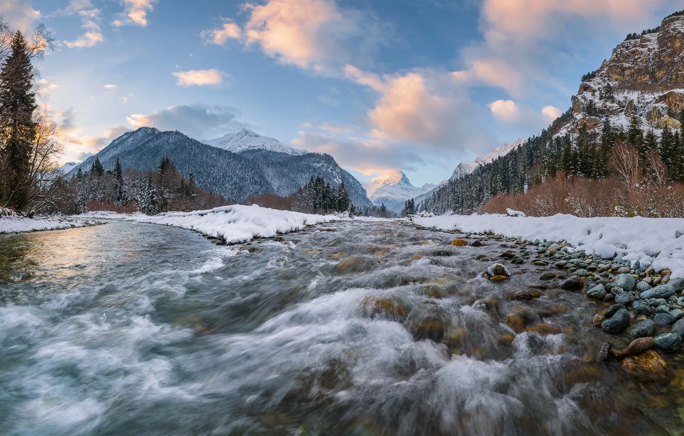 Фото обои зима, лес, горы, Россия, реки, слияние, Домбай, Северный Кавказ