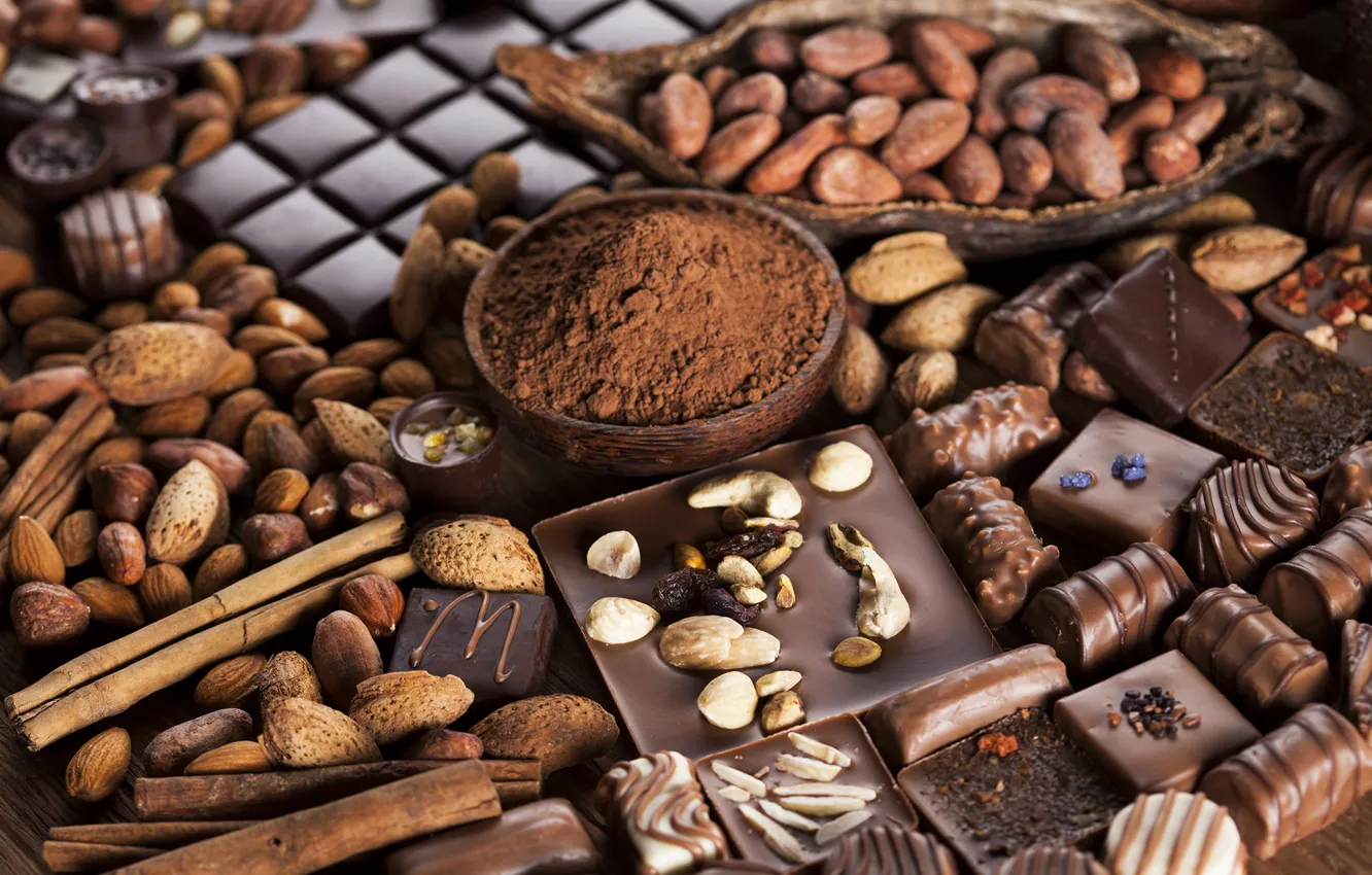 Фото обои шоколад, конфеты, орехи, chocolate, nuts, какао, sweets, candy