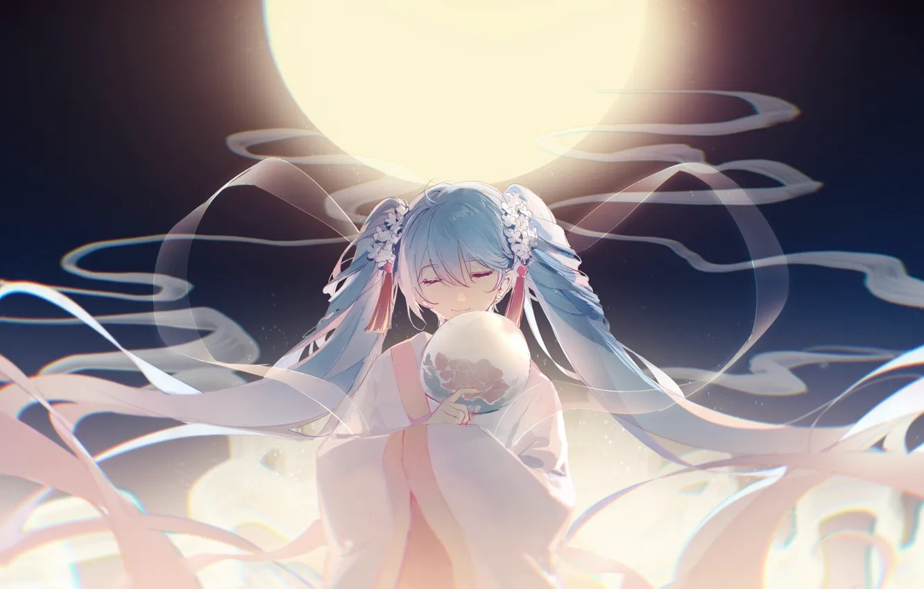 Фото обои небо, девушка, ночь, луна, веер, Hatsune Miku, Vocaloid, традиционная одежда