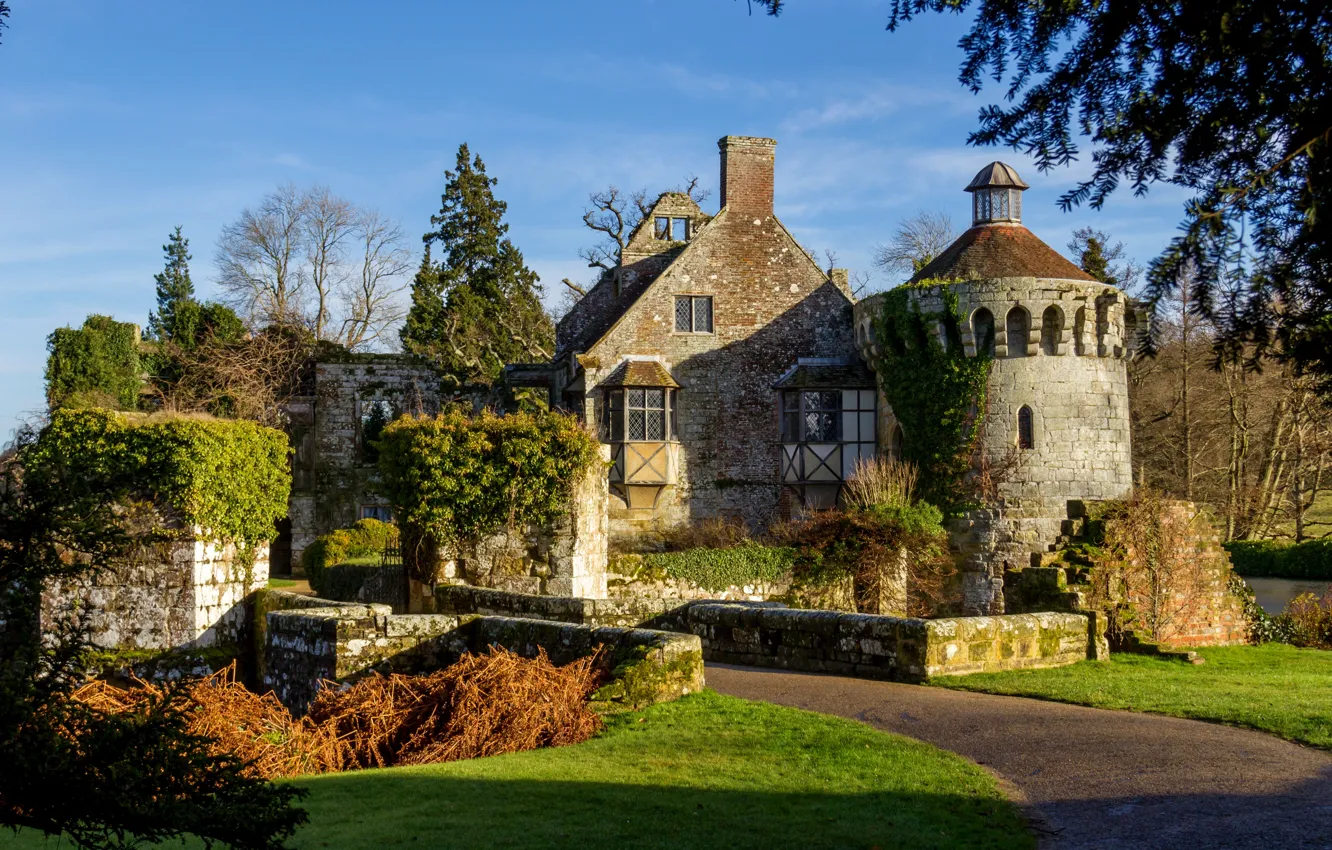 Фото обои деревья, замок, Англия, дорожка, ров, Scotney Castle