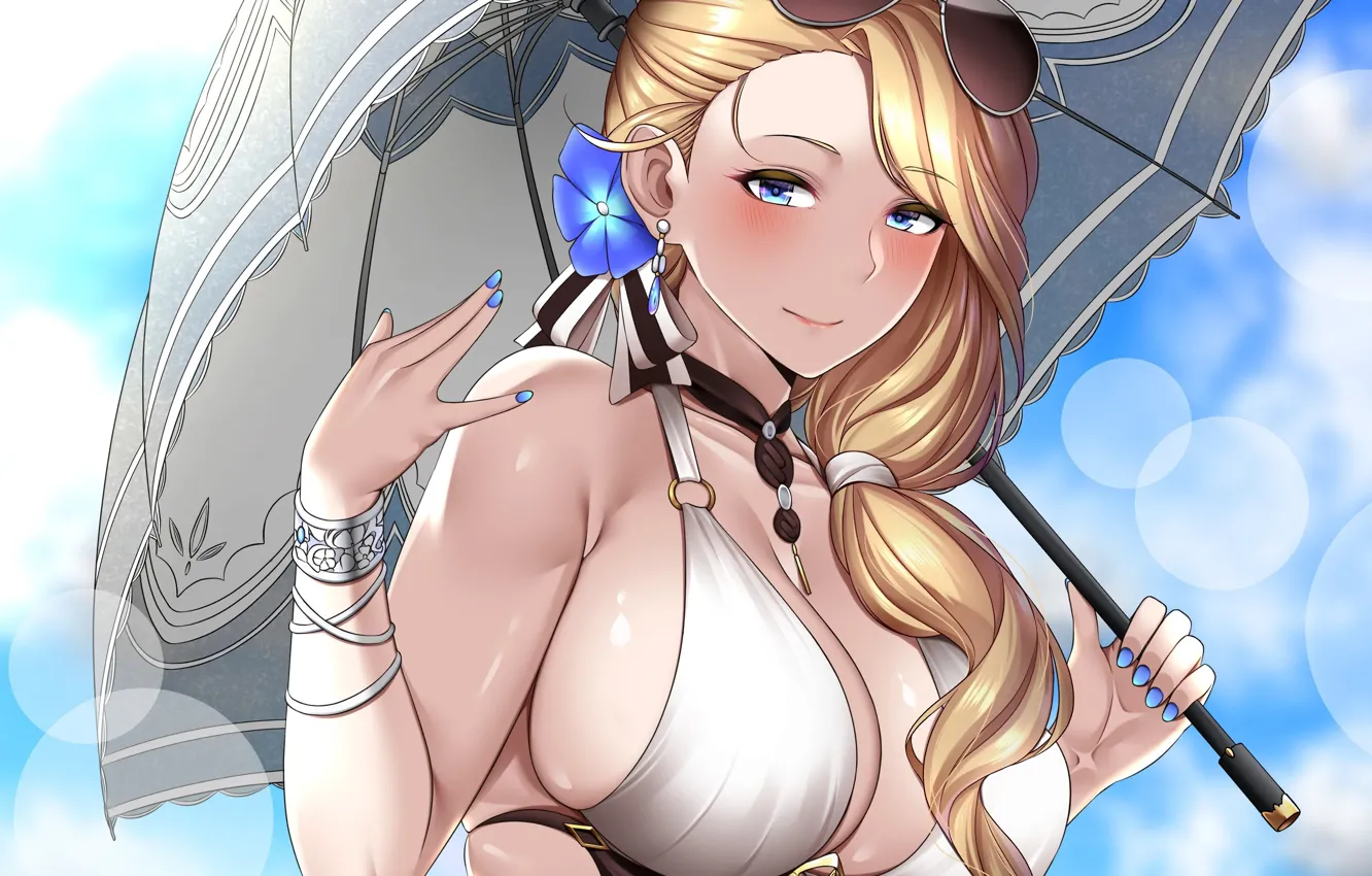Фото обои girl, sexy, cleavage, long hair, boobs, umbrella, anime, blue eyes