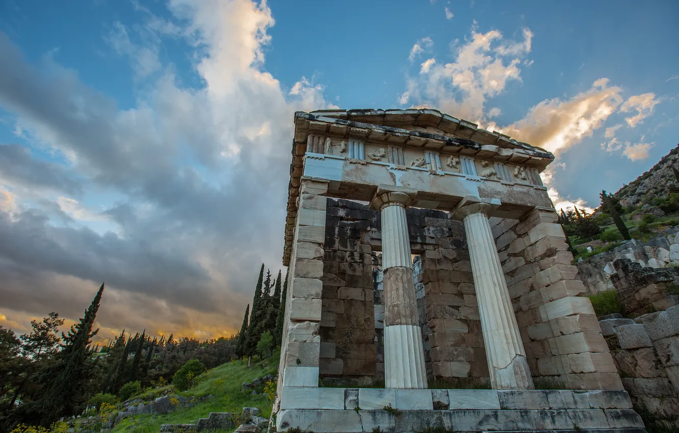 Фото обои Греция, склон, колонны, храм, архитектура, Дельфы