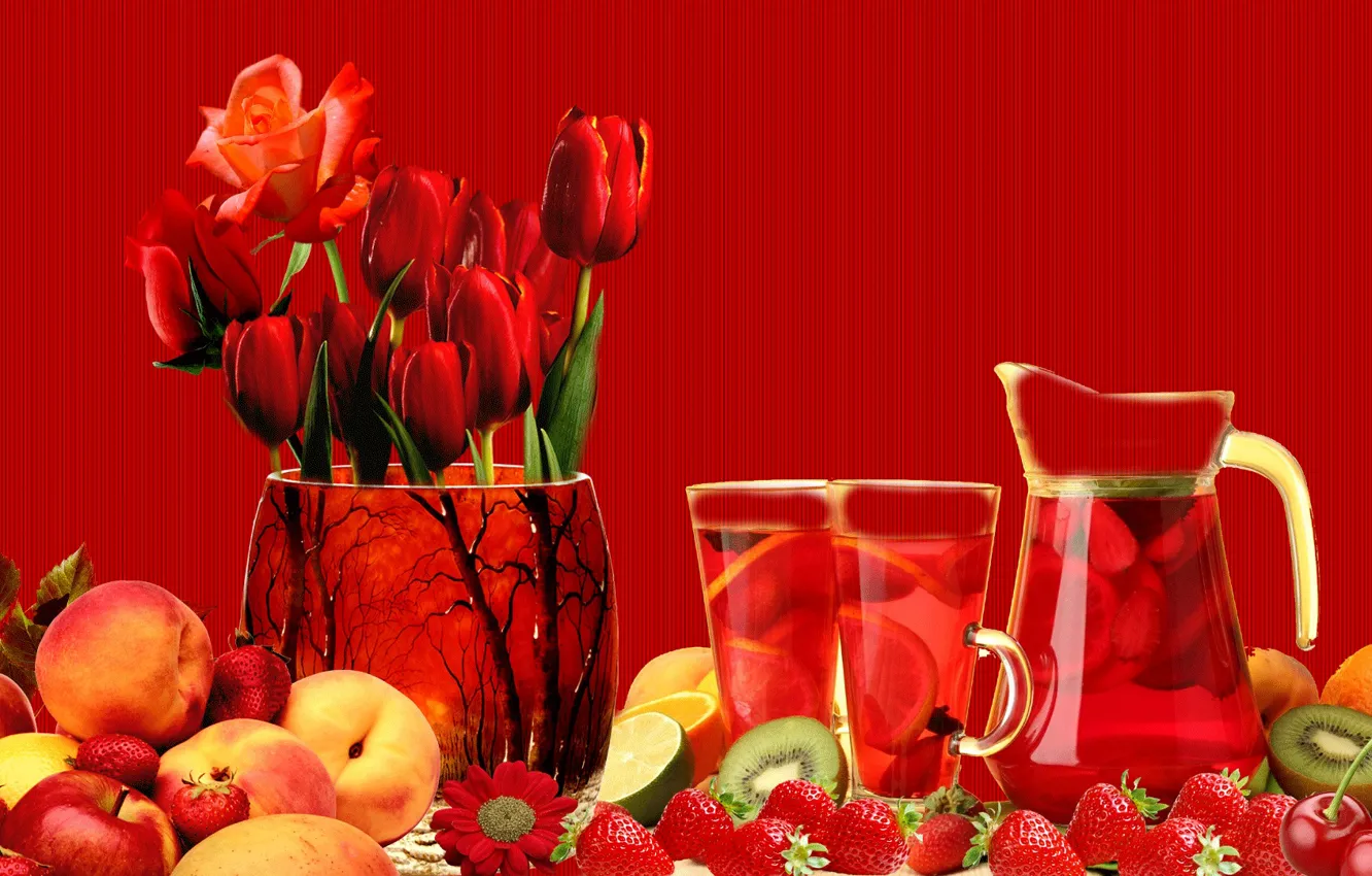 Фото обои цветы, ягоды, букет, тюльпаны, Натюрморт