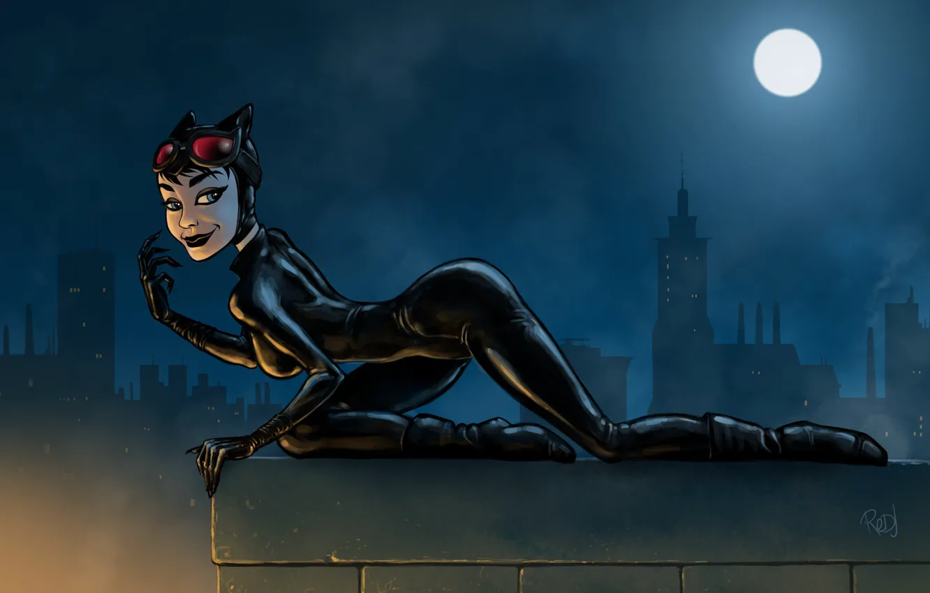 Фото обои Ночь, Луна, Латекс, Арт, Женщина кошка, DC Comics, Catwoman, DC Art