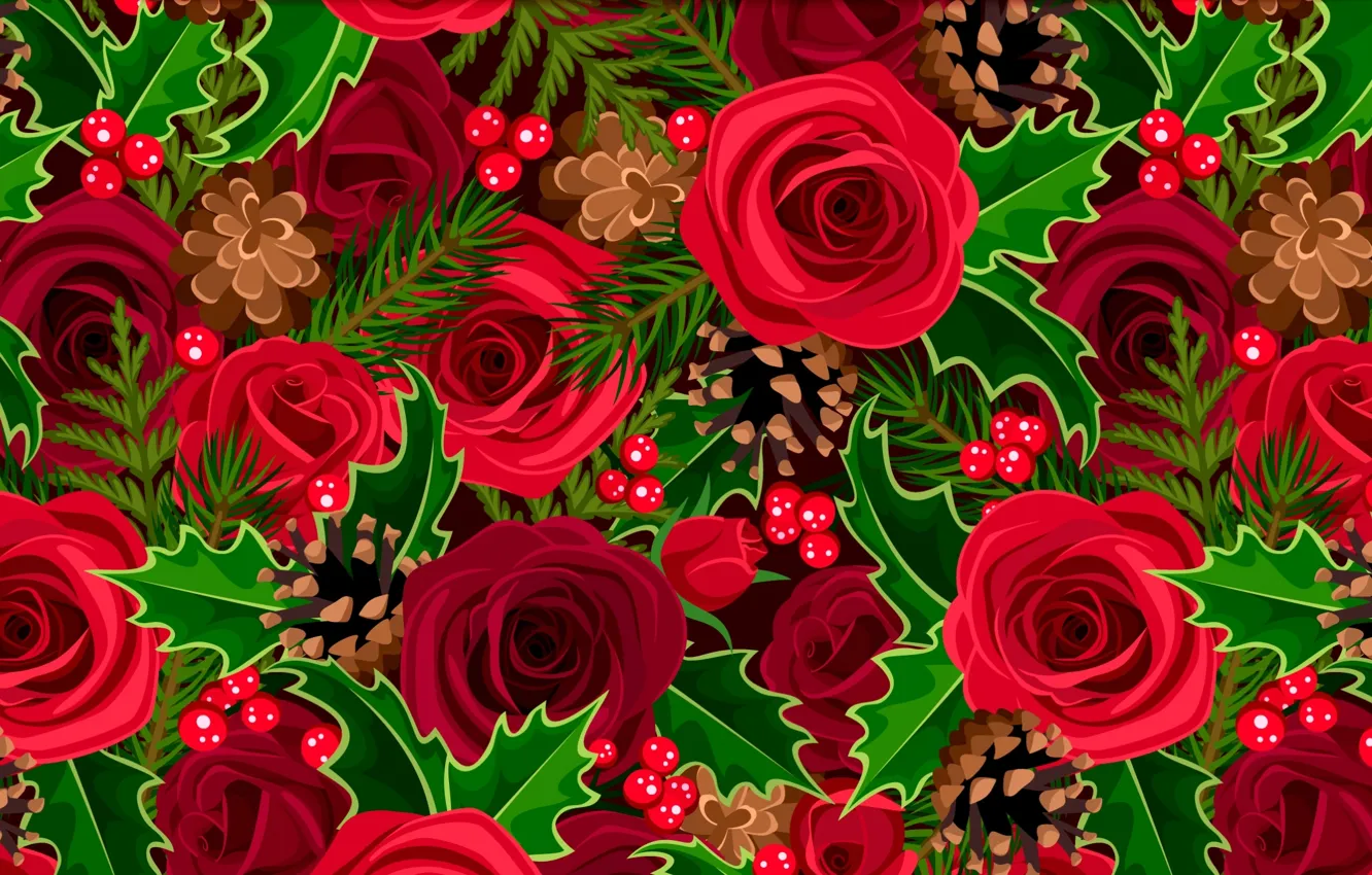 Фото обои красный, розы, шишки, остролист, падуб