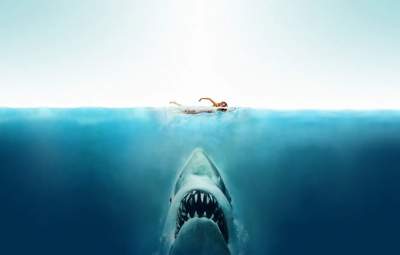 Фото обои море, девушка, акула, Челюсти