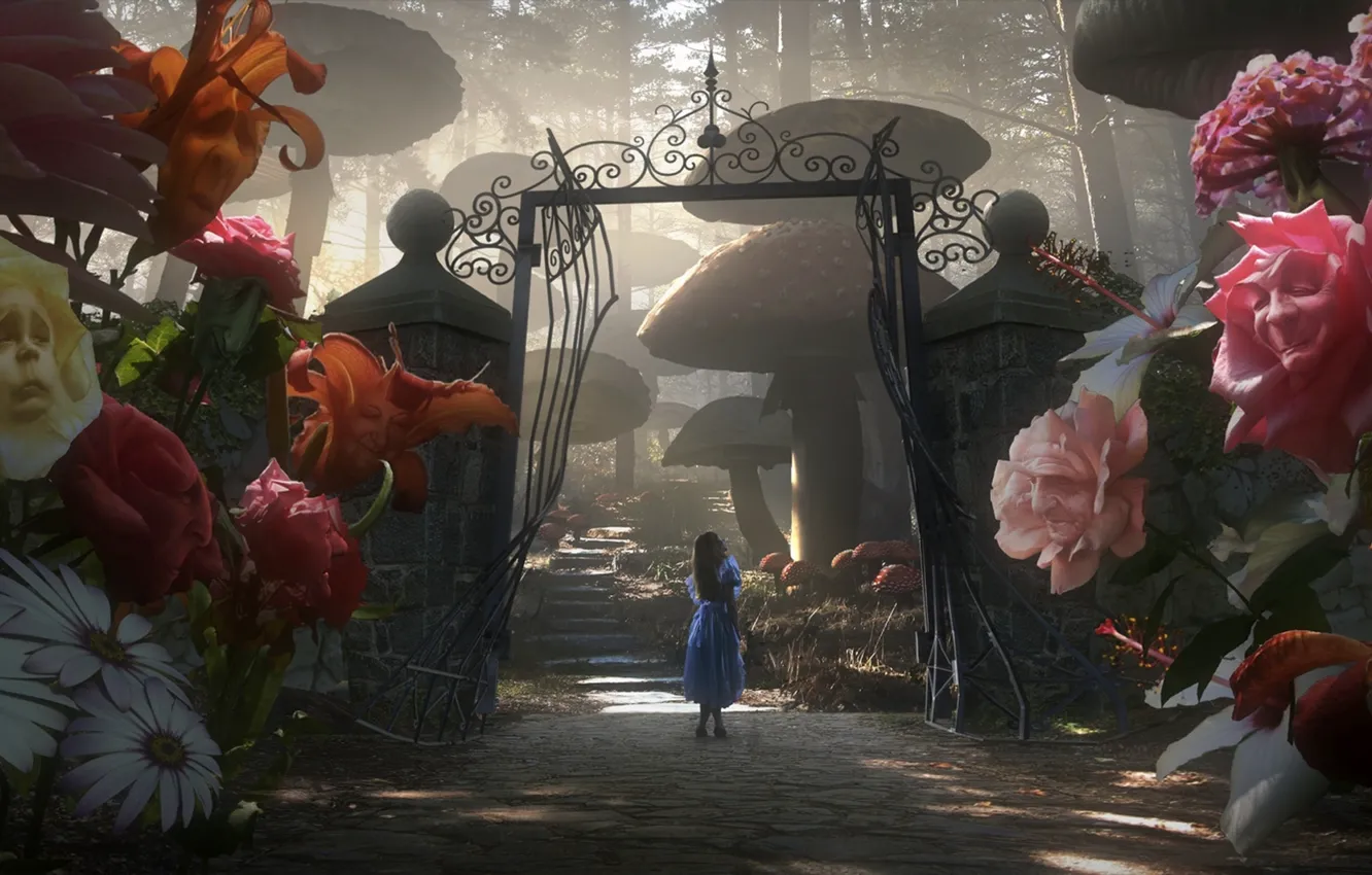 Фото обои Цветы, Ворота, Алиса в Стране чудес, Тим Бёртон