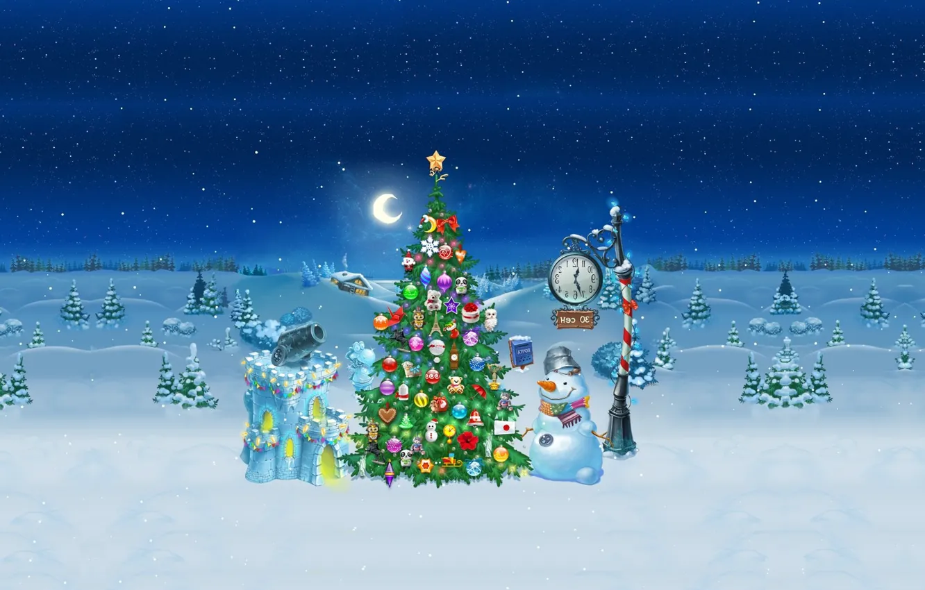 Фото обои зима, праздник, арт, Новый год, снеговик, ёлочка, детская, новогодняя ночь