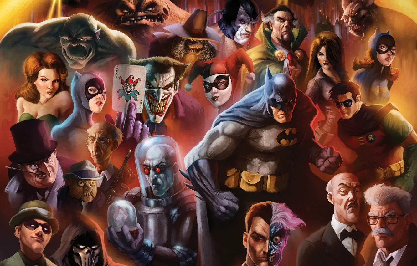 Фото обои арт, Batman, персонажи, Женщина кошка, Пингвин, DC Comics, Робин, Ядовитый Плющ