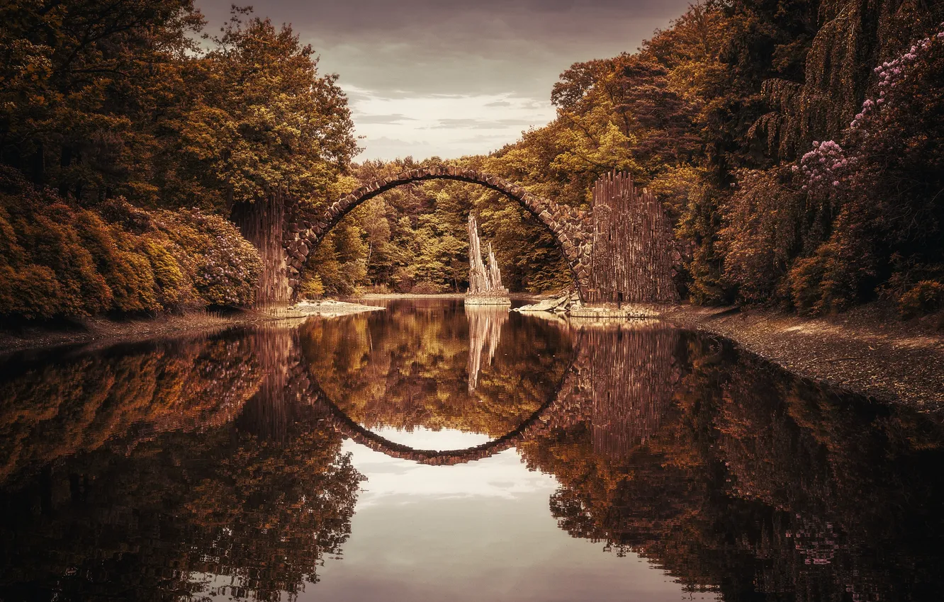 Фото обои осень, мост, река