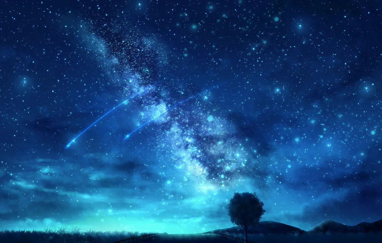 Фото обои небо, ночь, природа, дерево, млечный путь, падающая звезда, CZY
