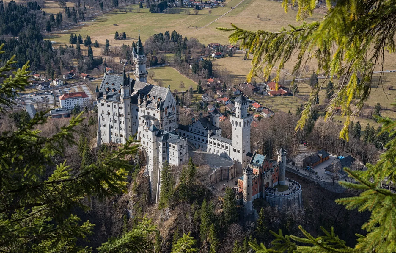 Фото обои замок, Германия, Бавария, Neuschwanstein, панорама, Нойшванштайн, castle