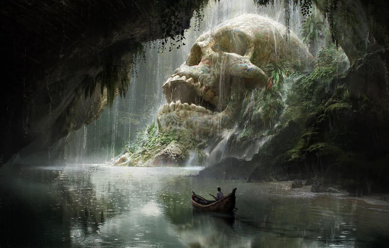 Фото обои лодка, череп, арт, fantasy, путешествие, Quentin Mabille, Skull Cave