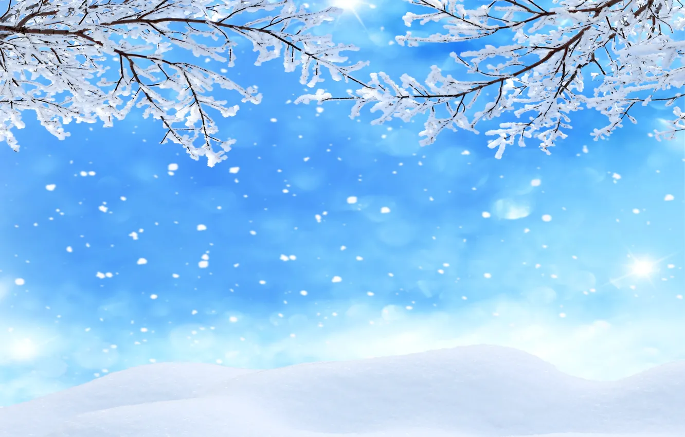 Фото обои зима, лес, снег, деревья, снежинки, nature, winter, snow