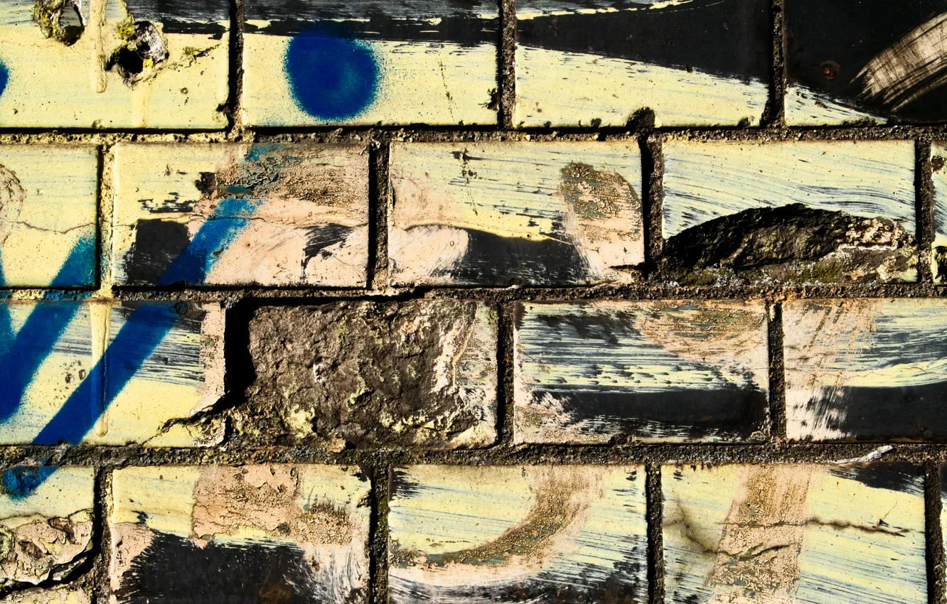Фото обои dirt, bricks, spray paint, different colors, wwall